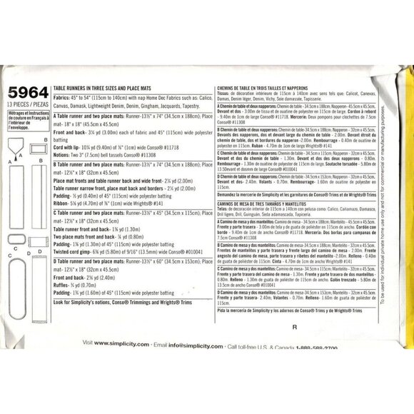 Simplicity 5964 Sewing Patterns For Dummies Table Runners & Place Mats 13 Pieces - Picture 2 of 2